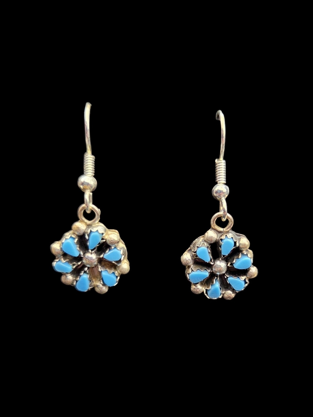 Zuni Silver Blue Turquoise Flower Drop Earrings